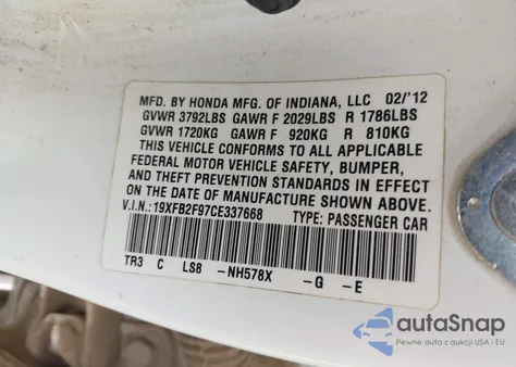 2012 Honda Civic Ex-L из США, поврежденный, VIN 19XFB2F97CE337668